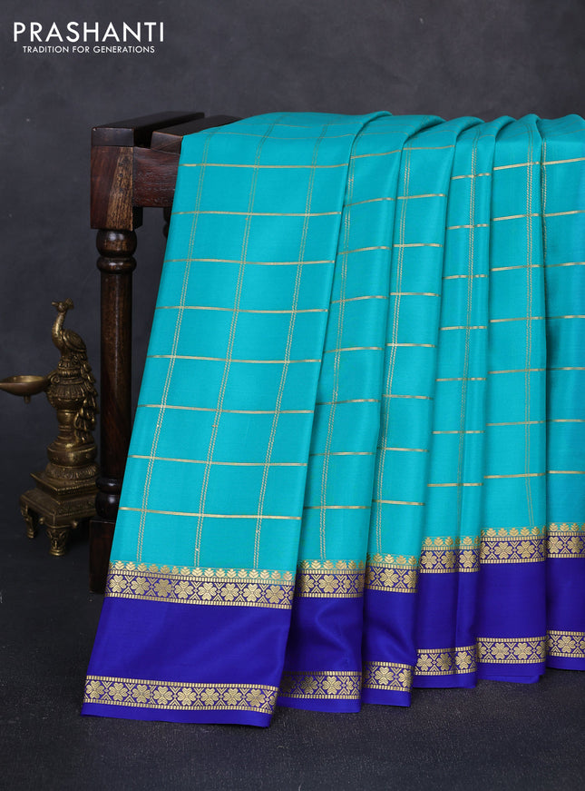 Pure mysore silk saree teal green and blue with allover zari woven checked pattern and rettapet zari woven border