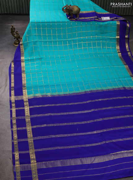 Pure mysore silk saree teal green and blue with allover zari woven checked pattern and rettapet zari woven border