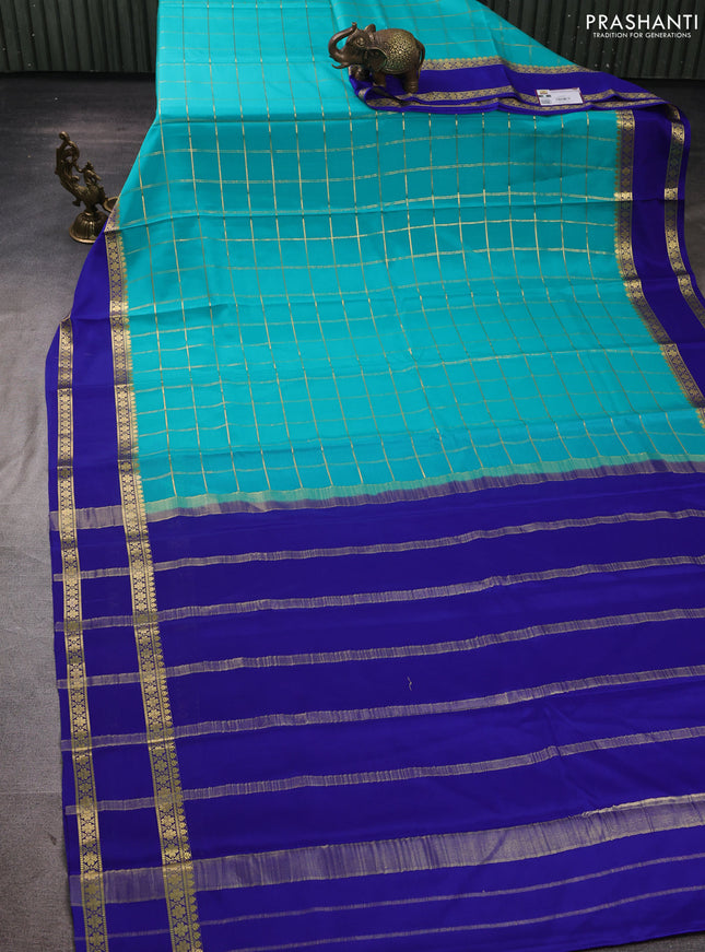 Pure mysore silk saree teal green and blue with allover zari woven checked pattern and rettapet zari woven border