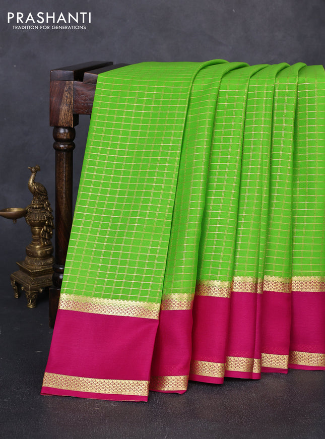 Pure mysore silk saree light green and pink with allover small zari woven checked pattern and rettapet zari woven border