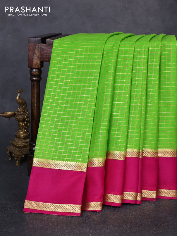 Pure mysore silk saree light green and pink with allover small zari woven checked pattern and rettapet zari woven border