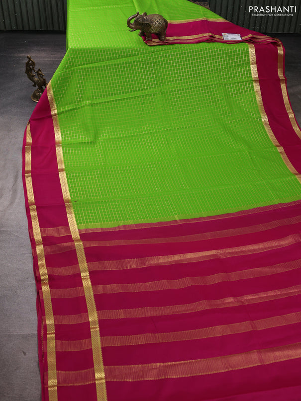 Pure mysore silk saree light green and pink with allover small zari woven checked pattern and rettapet zari woven border