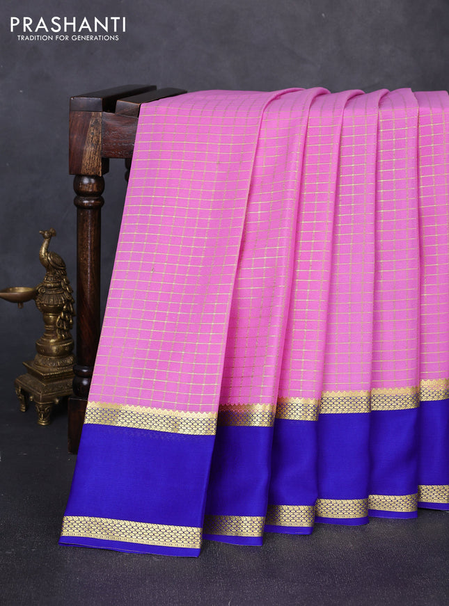 Pure mysore silk saree light pink and blue with allover small zari woven checked pattern and rettapet zari woven border