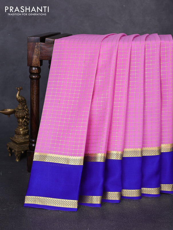 Pure mysore silk saree light pink and blue with allover small zari woven checked pattern and rettapet zari woven border