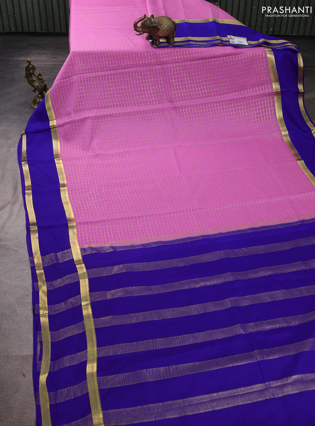 Pure mysore silk saree light pink and blue with allover small zari woven checked pattern and rettapet zari woven border