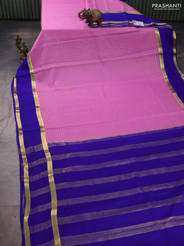 Pure mysore silk saree light pink and blue with allover small zari woven checked pattern and rettapet zari woven border
