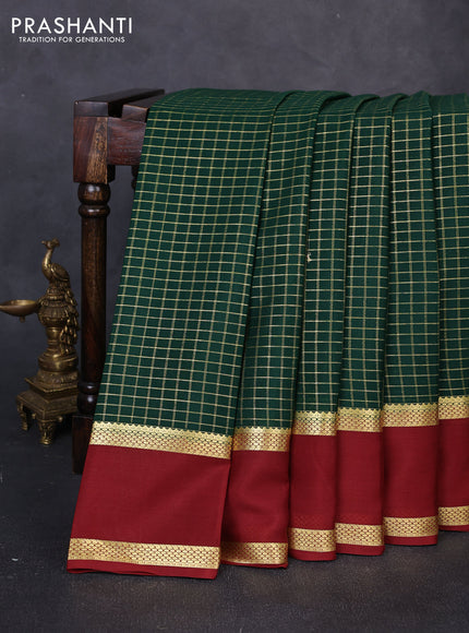 Pure mysore silk saree green and brown with allover small zari woven checked pattern and rettapet zari woven border