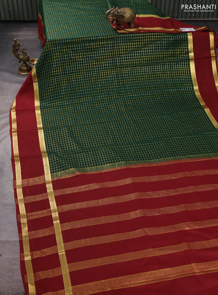 Pure mysore silk saree green and brown with allover small zari woven checked pattern and rettapet zari woven border