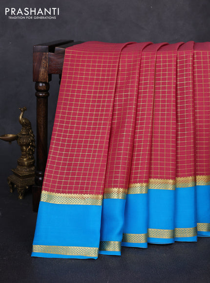 Pure mysore silk saree peach pink and cs blue with allover small zari woven checked pattern and rettapet zari woven border