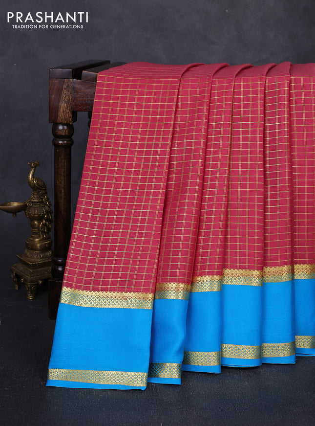 Pure mysore silk saree peach pink and cs blue with allover small zari woven checked pattern and rettapet zari woven border