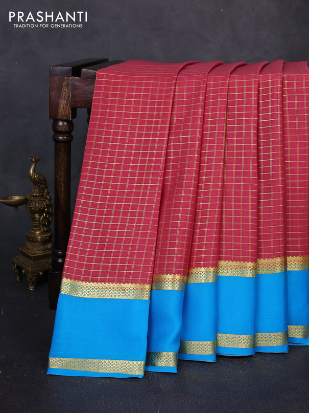 Pure mysore silk saree peach pink and cs blue with allover small zari woven checked pattern and rettapet zari woven border