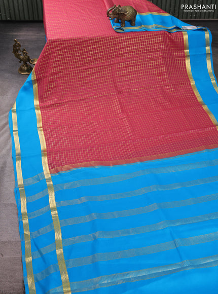 Pure mysore silk saree peach pink and cs blue with allover small zari woven checked pattern and rettapet zari woven border