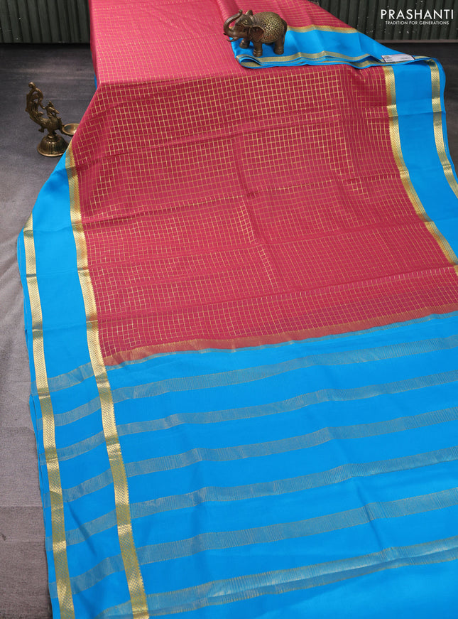 Pure mysore silk saree peach pink and cs blue with allover small zari woven checked pattern and rettapet zari woven border