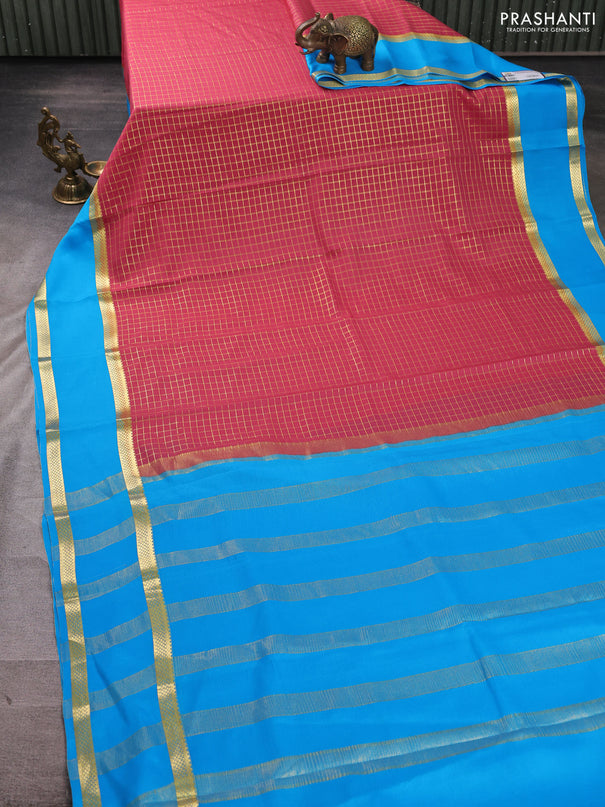 Pure mysore silk saree peach pink and cs blue with allover small zari woven checked pattern and rettapet zari woven border
