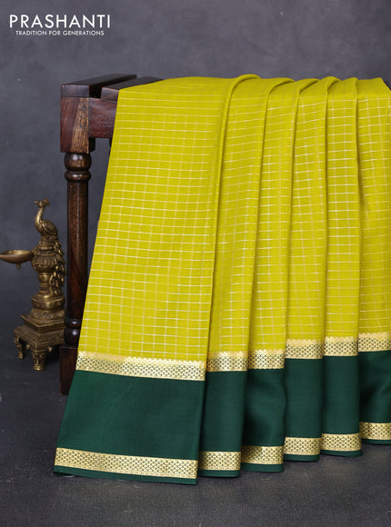 Pure mysore silk saree lime green and bottle green with allover small zari woven checked pattern and rettapet zari woven border