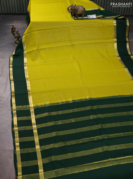 Pure mysore silk saree lime green and bottle green with allover small zari woven checked pattern and rettapet zari woven border