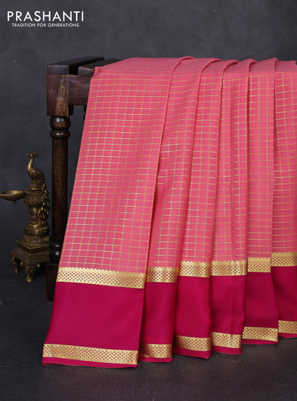 Pure mysore silk saree peach pink and pink with allover small zari woven checked pattern and rettapet zari woven border