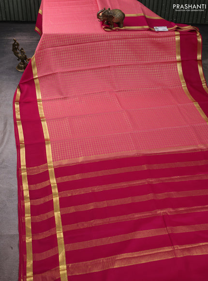 Pure mysore silk saree peach pink and pink with allover small zari woven checked pattern and rettapet zari woven border