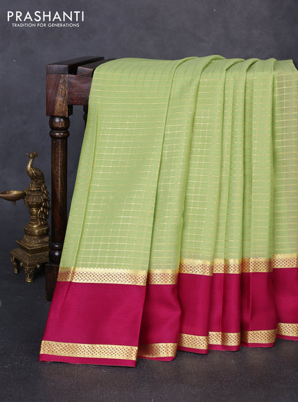 Pure mysore silk saree pista green and magenta pink with allover small zari woven checked pattern and rettapet zari woven border