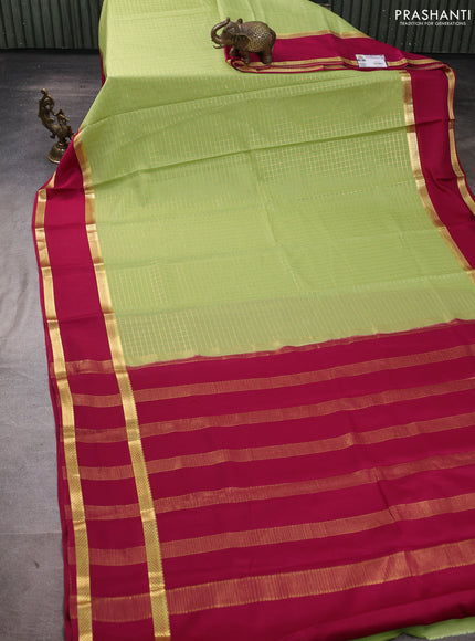 Pure mysore silk saree pista green and magenta pink with allover small zari woven checked pattern and rettapet zari woven border