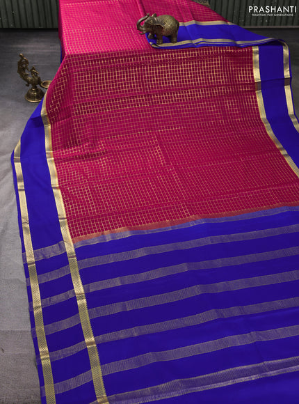 Pure mysore silk saree pink and blue with allover zari woven checked pattern and rettapet zari woven border