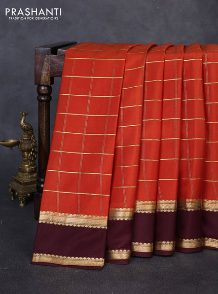 Pure mysore silk saree rustic orange and coffee brown with allover zari woven checked pattern and rettapet zari woven border