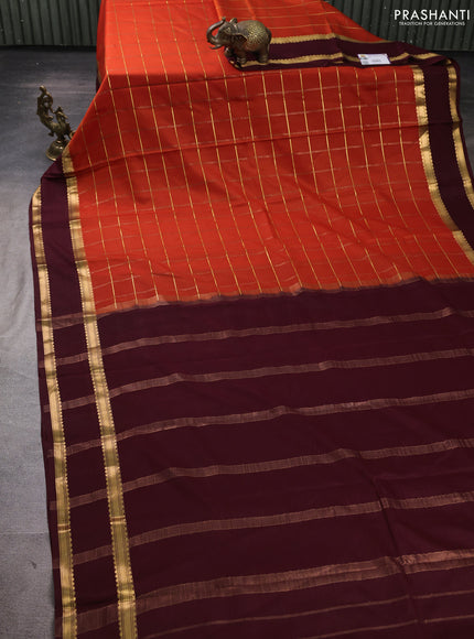 Pure mysore silk saree rustic orange and coffee brown with allover zari woven checked pattern and rettapet zari woven border