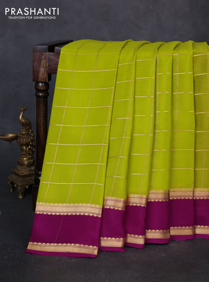 Pure mysore silk saree lime green and purple with allover zari woven checked pattern and rettapet zari woven border