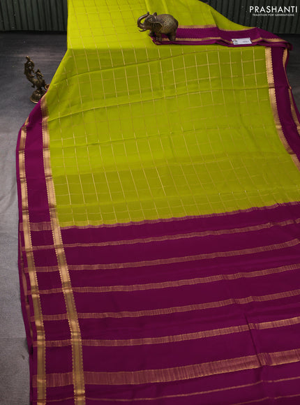 Pure mysore silk saree lime green and purple with allover zari woven checked pattern and rettapet zari woven border