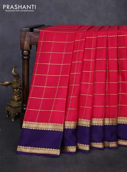 Pure mysore silk saree tomato pink and navy blue with allover zari woven checked pattern and rettapet zari woven border