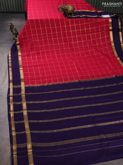 Pure mysore silk saree tomato pink and navy blue with allover zari woven checked pattern and rettapet zari woven border