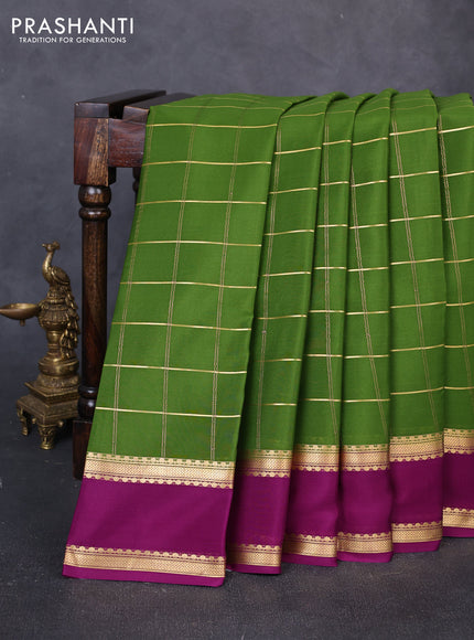 Pure mysore silk saree green and purple with allover zari woven checked pattern and rettapet zari woven border