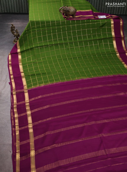 Pure mysore silk saree green and purple with allover zari woven checked pattern and rettapet zari woven border