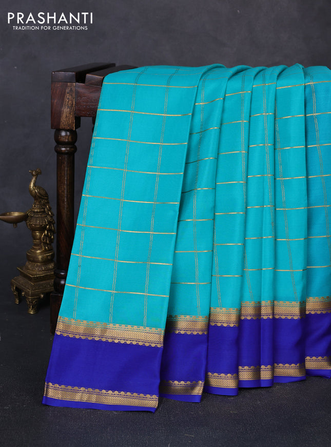 Pure mysore silk saree teal green and blue with allover zari woven checked pattern and rettapet zari woven border
