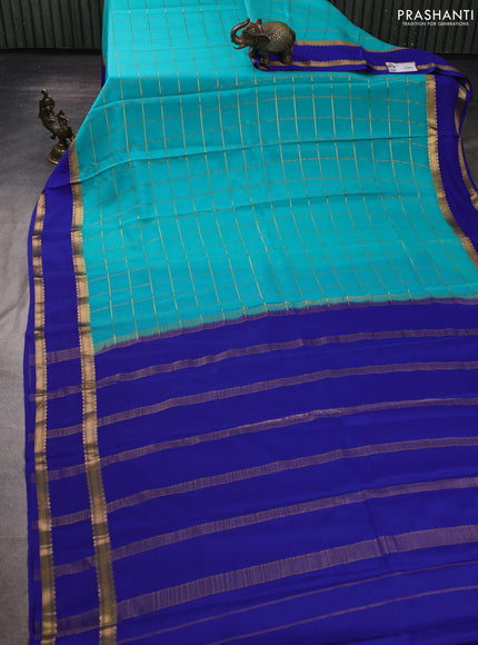 Pure mysore silk saree teal green and blue with allover zari woven checked pattern and rettapet zari woven border