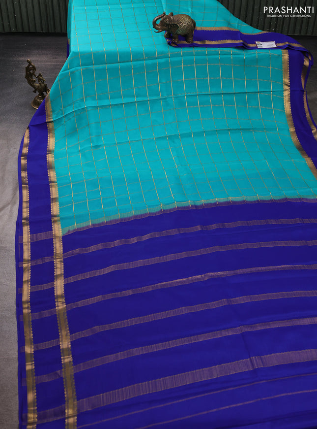 Pure mysore silk saree teal green and blue with allover zari woven checked pattern and rettapet zari woven border