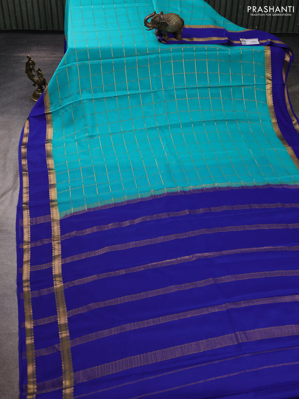 Pure mysore silk saree teal green and blue with allover zari woven checked pattern and rettapet zari woven border