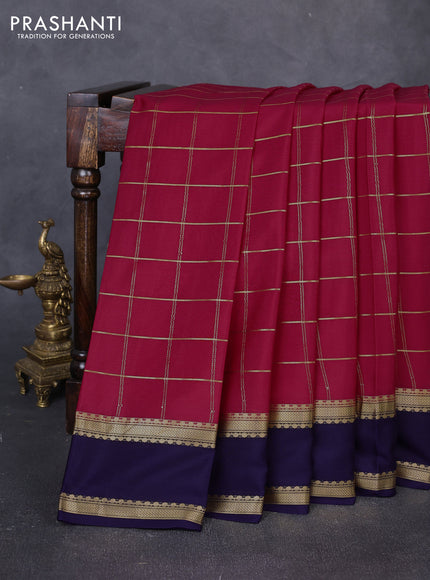 Pure mysore silk saree tomato pink and navy blue with allover zari woven checked pattern and rettapet zari woven border
