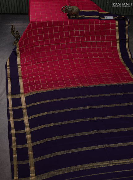 Pure mysore silk saree tomato pink and navy blue with allover zari woven checked pattern and rettapet zari woven border