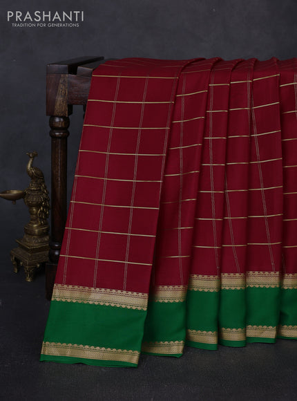 Pure mysore silk saree red and green with allover zari woven checked pattern and rettapet zari woven border