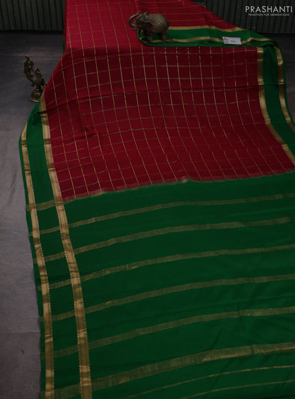 Pure mysore silk saree red and green with allover zari woven checked pattern and rettapet zari woven border
