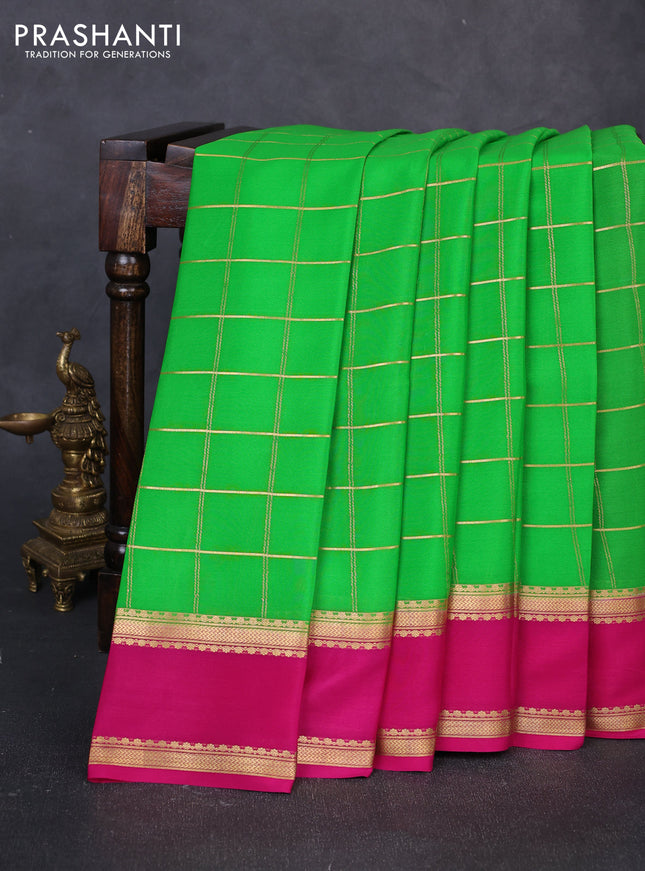Pure mysore silk saree green and pink with allover zari woven checked pattern and rettapet zari woven border