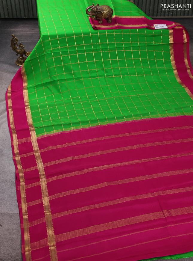 Pure mysore silk saree green and pink with allover zari woven checked pattern and rettapet zari woven border