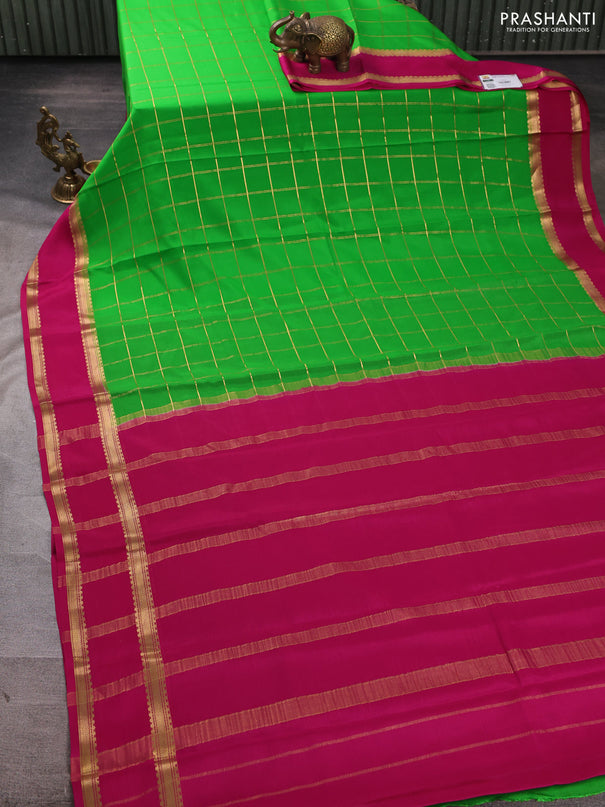 Pure mysore silk saree green and pink with allover zari woven checked pattern and rettapet zari woven border
