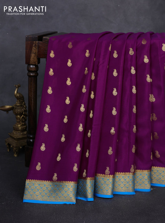 Pure mysore silk saree purple and blue with zari woven buttas and zari woven border