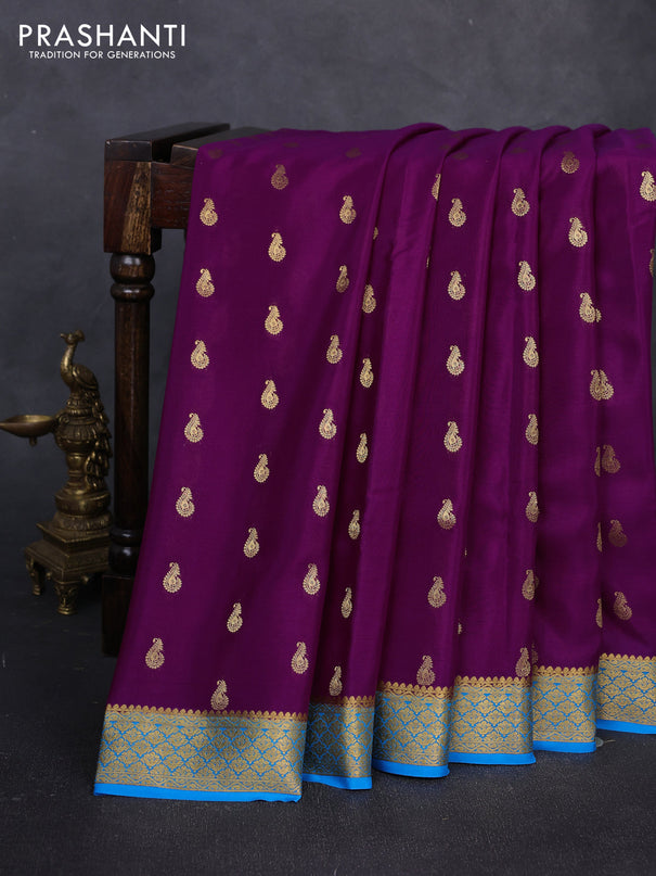 Pure mysore silk saree purple and blue with zari woven buttas and zari woven border