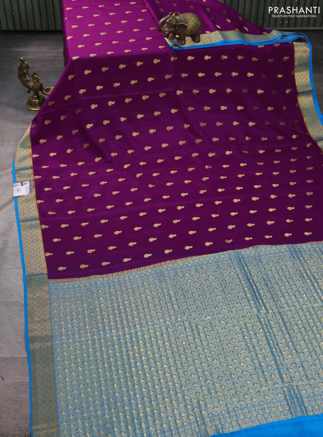 Pure mysore silk saree purple and blue with zari woven buttas and zari woven border