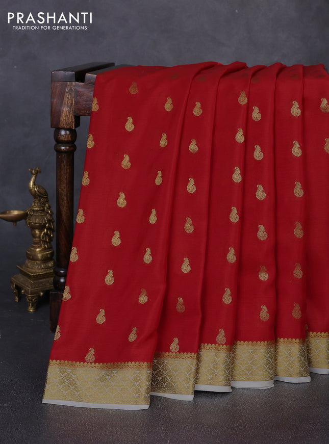 Pure mysore silk saree red and cream with zari woven buttas and zari woven border