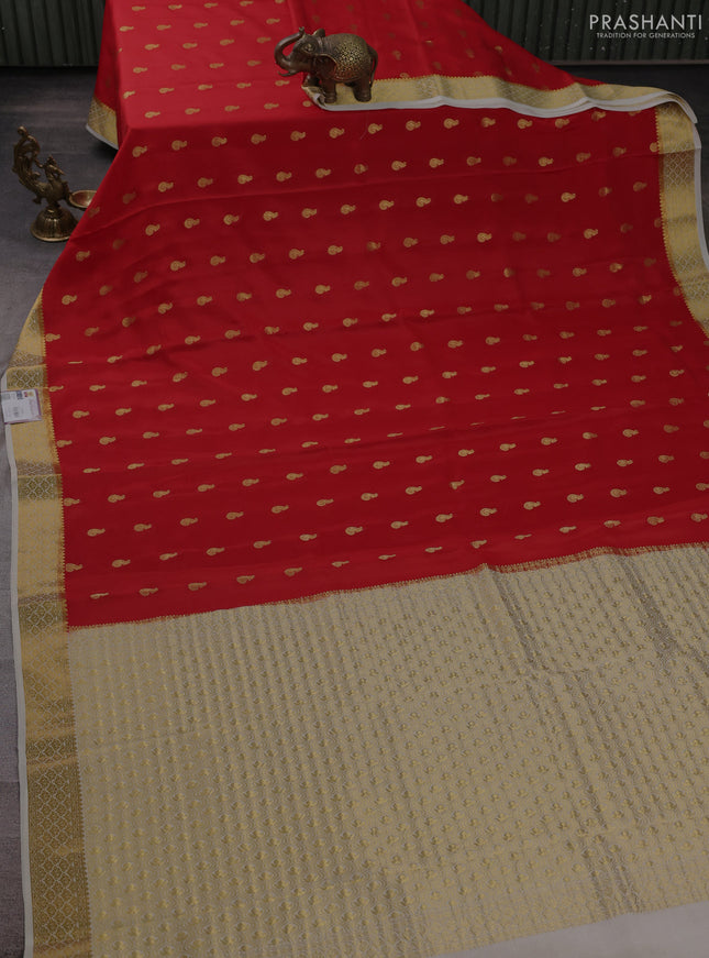 Pure mysore silk saree red and cream with zari woven buttas and zari woven border