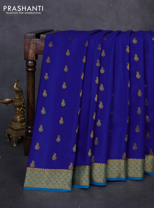 Pure mysore silk saree dark royal blue and blue with zari woven buttas and zari woven border